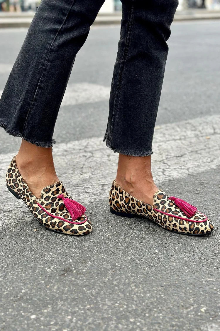 Edith | Fuchsia Fringed Animal Print Loafer